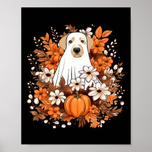 Autumn Cute Dog Ghost With Pumpkin Halloween Fall  Poster