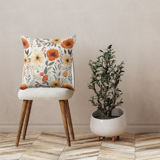 Autumn Cute Orange Floral Pattern White Cushion