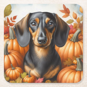 Autumn Dachshund Delight: Black and Tan Fall Coast Square Paper Coaster