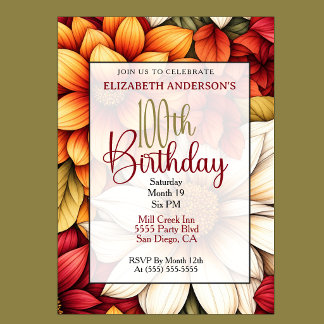 Autumn Dahlia Floral 100th Birthday Invitation