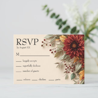 Autumn Dahlia Floral Rust & Burgundy Fall Flowers RSVP Card