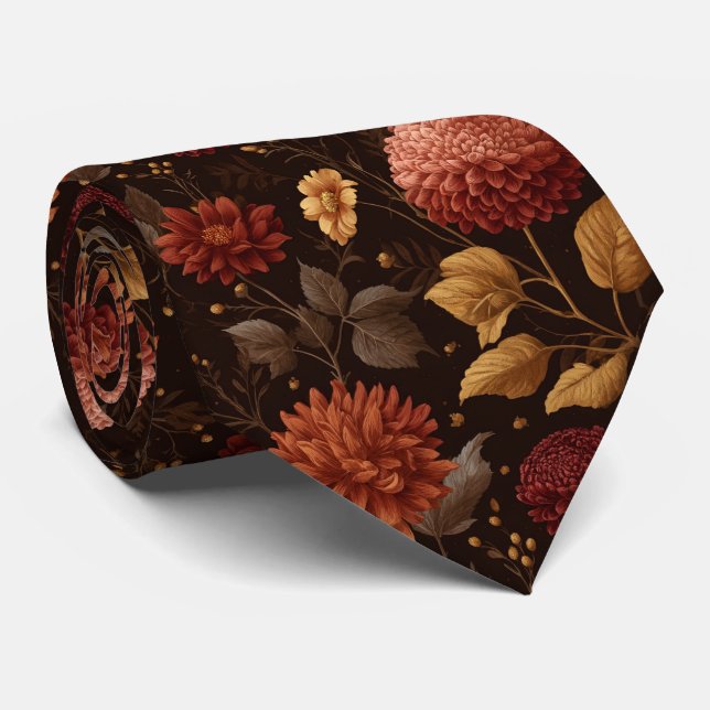 Autumn Dahlia Flowers Fall Wedding Tie (Rolled)