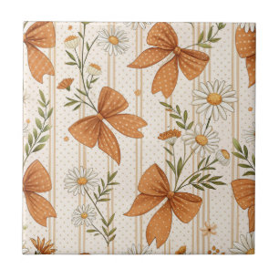 Autumn Daisy and Bow Floral Pattern Ceramic Tile