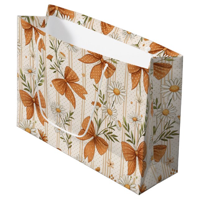 Autumn Daisy and Bow Floral Pattern Large Gift Bag (Front Angled)