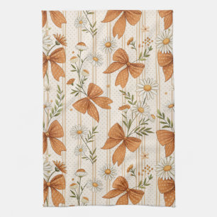 Autumn Daisy and Bow Floral Pattern Tea Towel