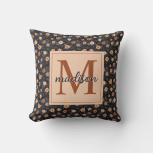 Autumn Dark Moody Terracotta Floral Monogram Name Cushion