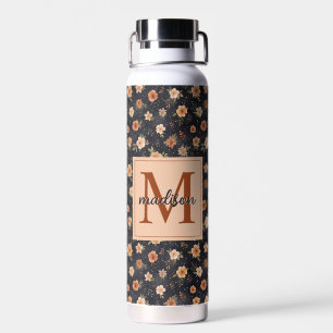 Autumn Dark Moody Terracotta Floral Monogram Name Water Bottle