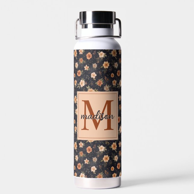 Autumn Dark Moody Terracotta Floral Monogram Name Water Bottle (Back)
