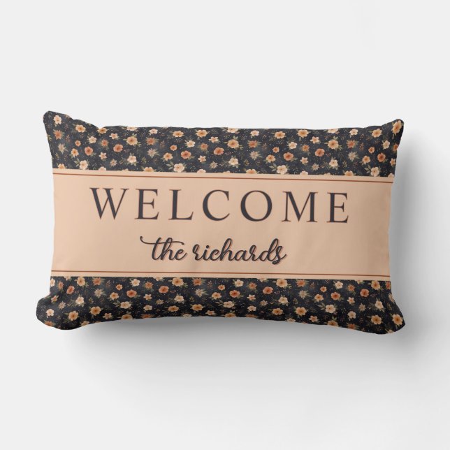 Autumn Dark Moody Terracotta Floral Welcome Home Lumbar Cushion (Front)