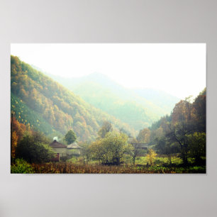Autumn Day Village Mountain Photo Poster Paper