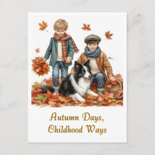 Autumn Days Kids and Border Collie  Postcard