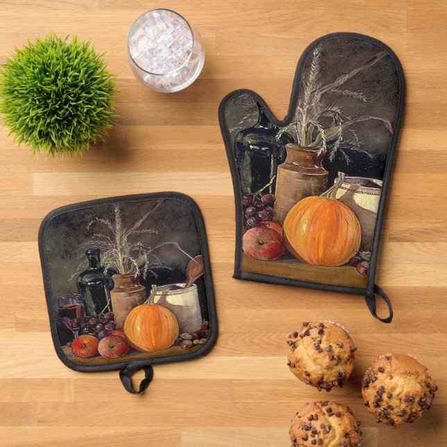 Autumn Decorations on Table Oven Mitt & Pot Holder Set (Top Down)