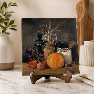Autumn Decorations on Table, Pumpkin, Fruit, Drink Ceramic Tile