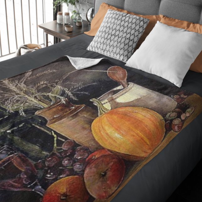 Autumn Decorations on Table, Pumpkin, Fruit, Drink Fleece Blanket (Autumn Decorations on Table, Pumpkin, Fruit, Drink Fleece Blanket)
