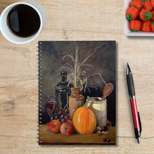 Autumn Decorations on Table, Pumpkin, Fruit, Drink Notebook