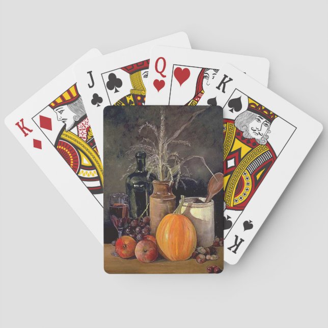 Autumn Decorations on Table, Pumpkin, Fruit, Drink Playing Cards (Back)