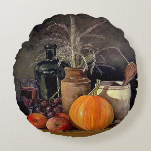 Autumn Decorations on Table, Pumpkin, Fruit, Drink Round Cushion