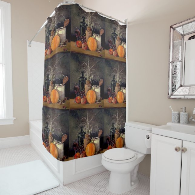 Autumn Decorations on Table, Pumpkin, Fruit, Drink Shower Curtain (In Situ)