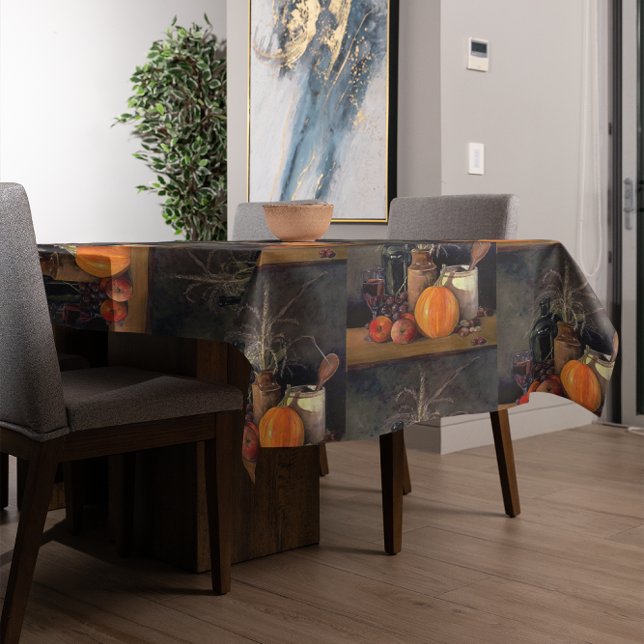 Autumn Decorations on Table, Pumpkin, Fruit, Drink Tablecloth (Autumn Decorations on Table, Pumpkin, Fruit, Drink Tablecloth)