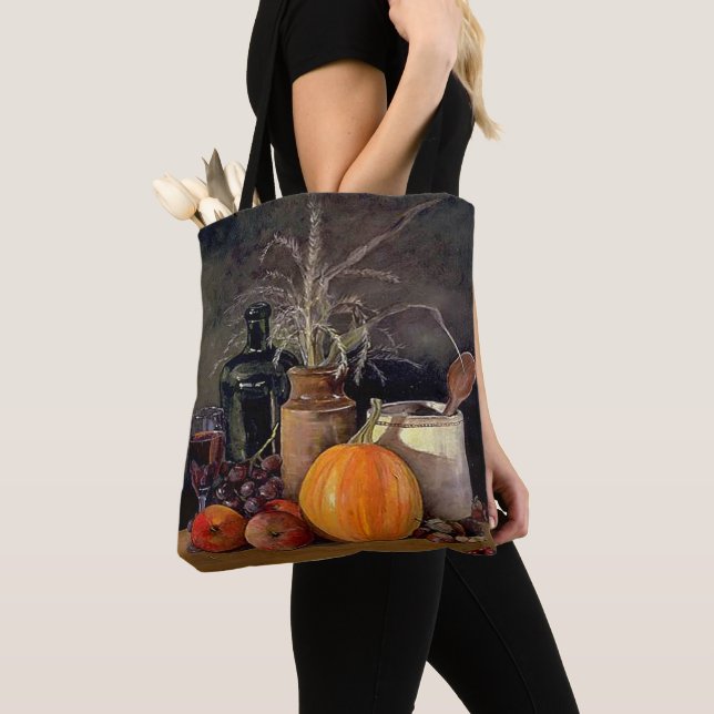 Autumn Decorations on Table, Pumpkin, Fruit, Drink Tote Bag (Close Up)