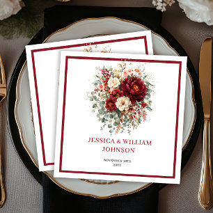 Autumn Deep Red Floral Boho Eucalyptus Wedding Napkin
