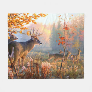 Autumn Deer Bucks n Does Forest Meadow Fleece Blanket