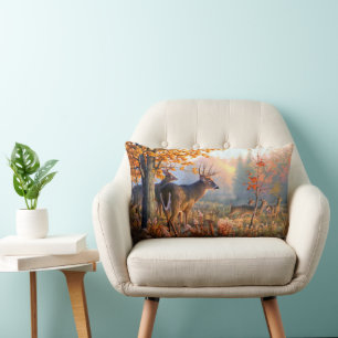 Autumn Deer Bucks n Does Forest Meadow Lumbar Cushion