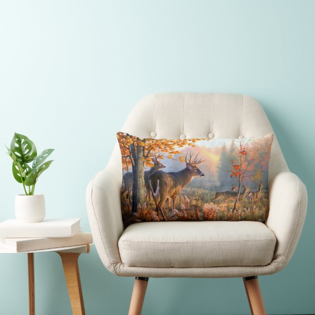 Autumn Deer Bucks n Does Forest Meadow Lumbar Cushion (Chair)