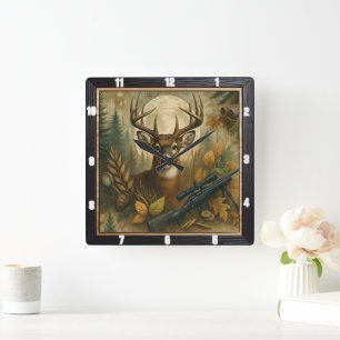 Autumn Deer Hunter's Forest  Square Wall Clock
