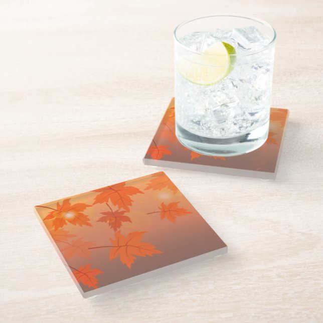Autumn design with maple leaves and bokeh effect   glass coaster (Angled)