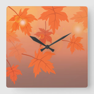 Autumn design with maple leaves and bokeh effect square wall clock