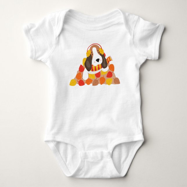 Autumn Dog, Cute Dog, Basset Hound, Autumn Leaves Baby Bodysuit (Front)