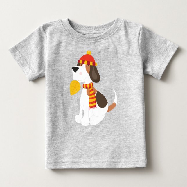 Autumn Dog, Cute Dog, Scarf, Hat, Autumn Leaves Baby T-Shirt (Front)