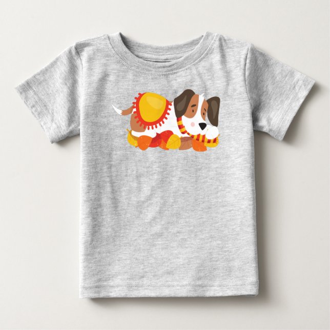 Autumn Dog, Cute Dog, Sleeping Dog, Autumn Leaves Baby T-Shirt (Front)