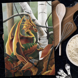 Autumn Dragon Orange Green Fantasy Tea Towel
