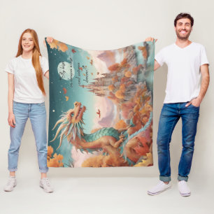 Autumn Dragon River Castle Starry Night Text Fleece Blanket