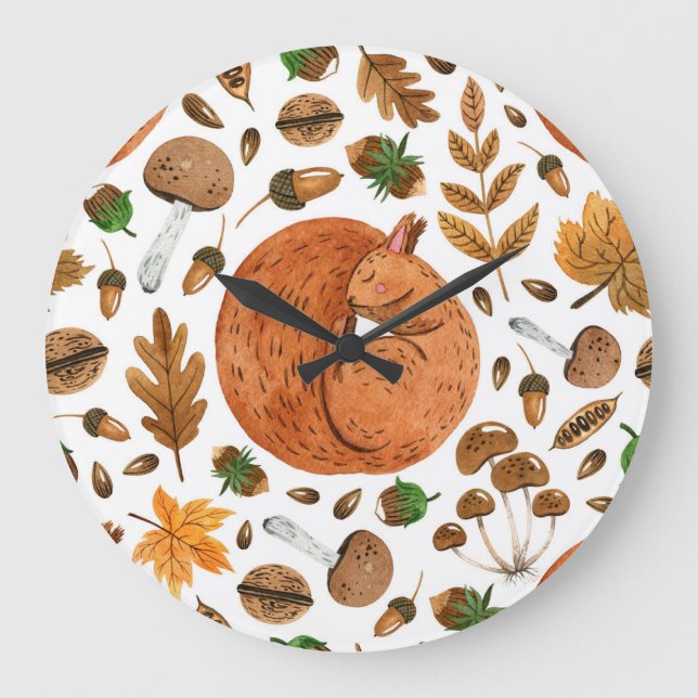 Autumn Dreams: Watercolor Squirrel Haven Large Clock (Front)