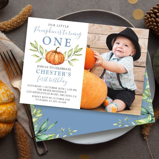 Autumn Dusty Blue Pumpkin 1st Birthday Photo Invitation (Creator Uploaded)