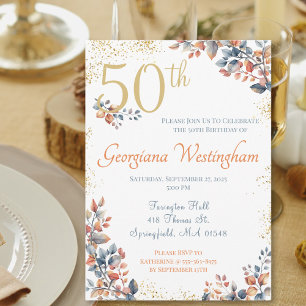 Autumn Elegance 50th Birthday Glitter Invitation