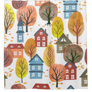 Autumn Elegance: Watercolor City and Trees Shower Curtain