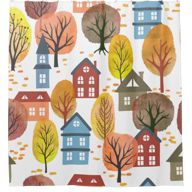 Autumn Elegance: Watercolor City and Trees Shower Curtain (Front)