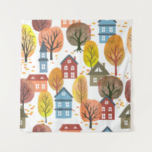 Autumn Elegance: Watercolor City and Trees Tapestry