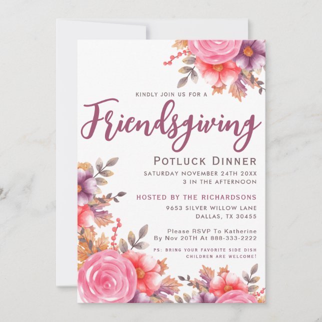 Autumn Elegant Floral Friendsgiving Potluck Dinner Invitation (Front)