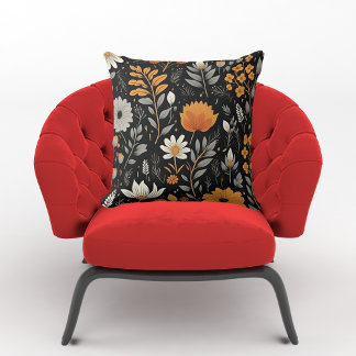 Autumn Elegant Leaves Floral Pattern Black Cushion