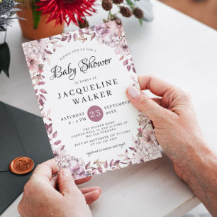 Autumn Elegant Purple Flowers Foliage Baby Shower Invitation