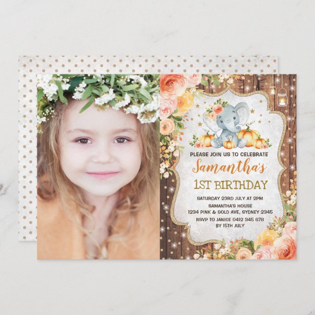 Autumn Elephant Fall Floral Rustic First Birthday Invitation (Front/Back)
