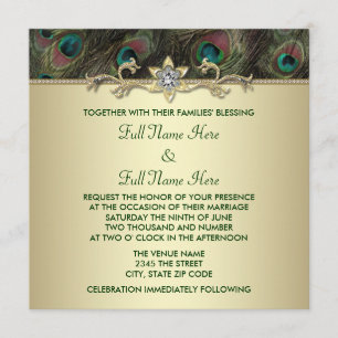 Autumn Emerald Green Gold Peacock Wedding Invitation