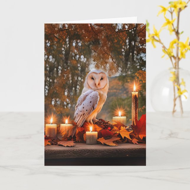 Autumn Equinox Barn Owl and Candles Fall Colours  Card (Yellow Flower)