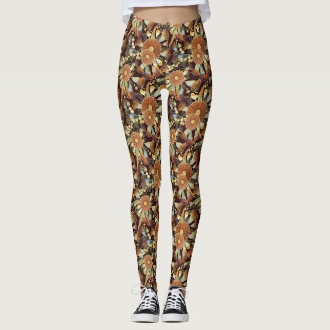 Autumn Eucalyptus And Wattle Pattern Leggings (Front)