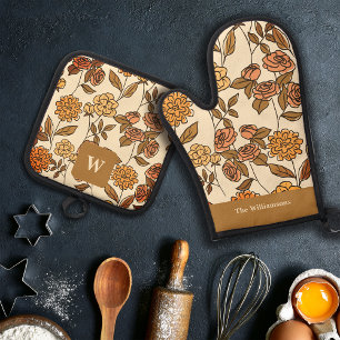 Autumn Exotic Flowers Customise Monogram Oven Mitt & Pot Holder Set